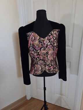 Vtg. dark burgundy velvet floral brocade corset jacket Renaissance Victorian 12